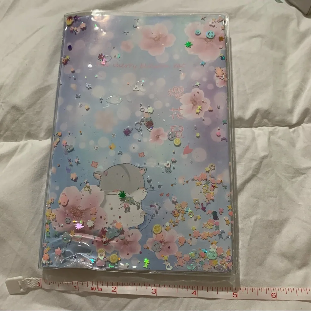 Cherry Blossom and Rat Design Small Notebook w/ Water Gel Front Cover w/ Sequins